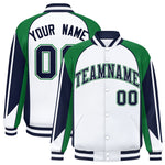 Custom White Kelly Green Varsity Full-Snap Personalized Raglan Sleeves Color Block Letterman Jacket | BuyFootballJersey