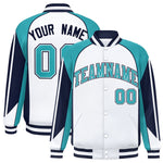 Custom White Aqua Varsity Full-Snap Personalized Raglan Sleeves Color Block Letterman Jacket | BuyFootballJersey