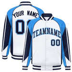 Custom White Powder Blue Varsity Full-Snap Personalized Raglan Sleeves Color Block Letterman Jacket | BuyFootballJersey