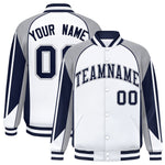 Custom White Gray Varsity Full-Snap Personalized Raglan Sleeves Color Block Letterman Jacket | BuyFootballJersey