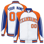Custom White Orange Varsity Full-Snap Personalized Raglan Sleeves Color Block Letterman Jacket | BuyFootballJersey