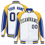Custom White Gold Varsity Full-Snap Personalized Raglan Sleeves Color Block Letterman Jacket | BuyFootballJersey