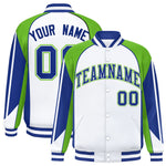 Custom White Green Varsity Full-Snap Personalized Raglan Sleeves Color Block Letterman Jacket | BuyFootballJersey