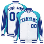 Custom White Sky Blue Varsity Full-Snap Personalized Raglan Sleeves Color Block Letterman Jacket | BuyFootballJersey