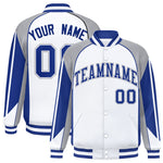 Custom White Gray Varsity Full-Snap Personalized Raglan Sleeves Color Block Letterman Jacket | BuyFootballJersey