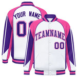 Custom White Pink Varsity Full-Snap Personalized Raglan Sleeves Color Block Letterman Jacket | BuyFootballJersey