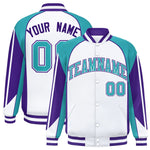Custom White Aqua Varsity Full-Snap Personalized Raglan Sleeves Color Block Letterman Jacket | BuyFootballJersey