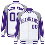 Custom White Gray Varsity Full-Snap Personalized Raglan Sleeves Color Block Letterman Jacket | BuyFootballJersey