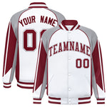 Custom White Gray Varsity Full-Snap Personalized Raglan Sleeves Color Block Letterman Jacket | BuyFootballJersey