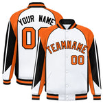 Custom White Orange Varsity Full-Snap Personalized Raglan Sleeves Color Block Letterman Jacket | BuyFootballJersey