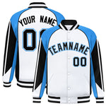 Custom White Powder Blue Varsity Full-Snap Personalized Raglan Sleeves Color Block Letterman Jacket | BuyFootballJersey