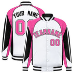 Custom White Pink Varsity Full-Snap Personalized Raglan Sleeves Color Block Letterman Jacket | BuyFootballJersey