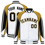 Custom White Old Gold Varsity Full-Snap Personalized Raglan Sleeves Color Block Letterman Jacket | BuyFootballJersey