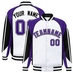Custom White Purple Varsity Full-Snap Personalized Raglan Sleeves Color Block Letterman Jacket | BuyFootballJersey