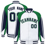 Custom White Kelly Green Varsity Full-Snap Personalized Raglan Sleeves Color Block Letterman Jacket | BuyFootballJersey
