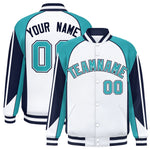 Custom White Aqua Varsity Full-Snap Personalized Raglan Sleeves Color Block Letterman Jacket | BuyFootballJersey