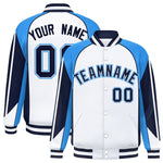 Custom White Powder Blue Varsity Full-Snap Personalized Raglan Sleeves Color Block Letterman Jacket | BuyFootballJersey