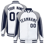 Custom White Gray Varsity Full-Snap Personalized Raglan Sleeves Color Block Letterman Jacket | BuyFootballJersey