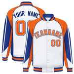 Custom White Orange Varsity Full-Snap Personalized Raglan Sleeves Color Block Letterman Jacket | BuyFootballJersey