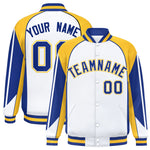 Custom White Gold Varsity Full-Snap Personalized Raglan Sleeves Color Block Letterman Jacket | BuyFootballJersey