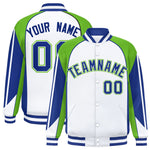 Custom White Green Varsity Full-Snap Personalized Raglan Sleeves Color Block Letterman Jacket | BuyFootballJersey