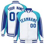 Custom White Sky Blue Varsity Full-Snap Personalized Raglan Sleeves Color Block Letterman Jacket | BuyFootballJersey