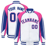 Custom White Pink Varsity Full-Snap Personalized Raglan Sleeves Color Block Letterman Jacket | BuyFootballJersey