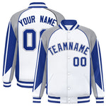 Custom White Gray Varsity Full-Snap Personalized Raglan Sleeves Color Block Letterman Jacket | BuyFootballJersey