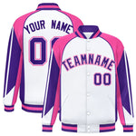 Custom White Pink Varsity Full-Snap Personalized Raglan Sleeves Color Block Letterman Jacket | BuyFootballJersey