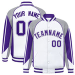 Custom White Gray Varsity Full-Snap Personalized Raglan Sleeves Color Block Letterman Jacket | BuyFootballJersey
