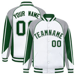 Custom White Gray Varsity Full-Snap Personalized Raglan Sleeves Color Block Letterman Jacket | BuyFootballJersey