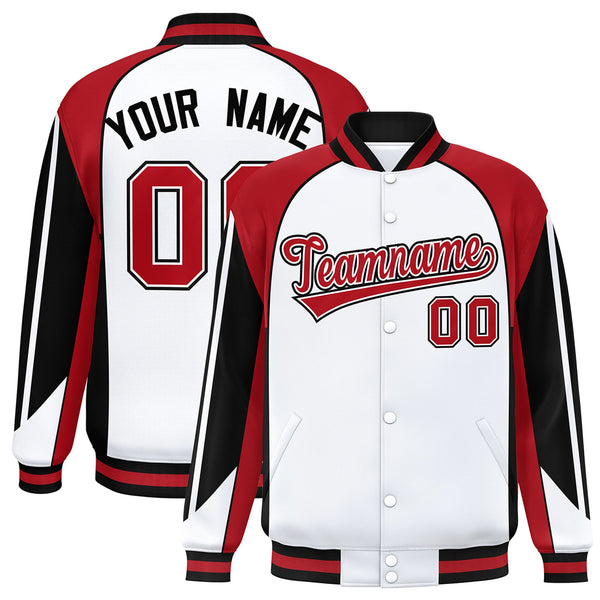 Custom White Red Varsity Full-Snap Personalized Raglan Sleeves Color Block Letterman Jacket | BuyFootballJersey
