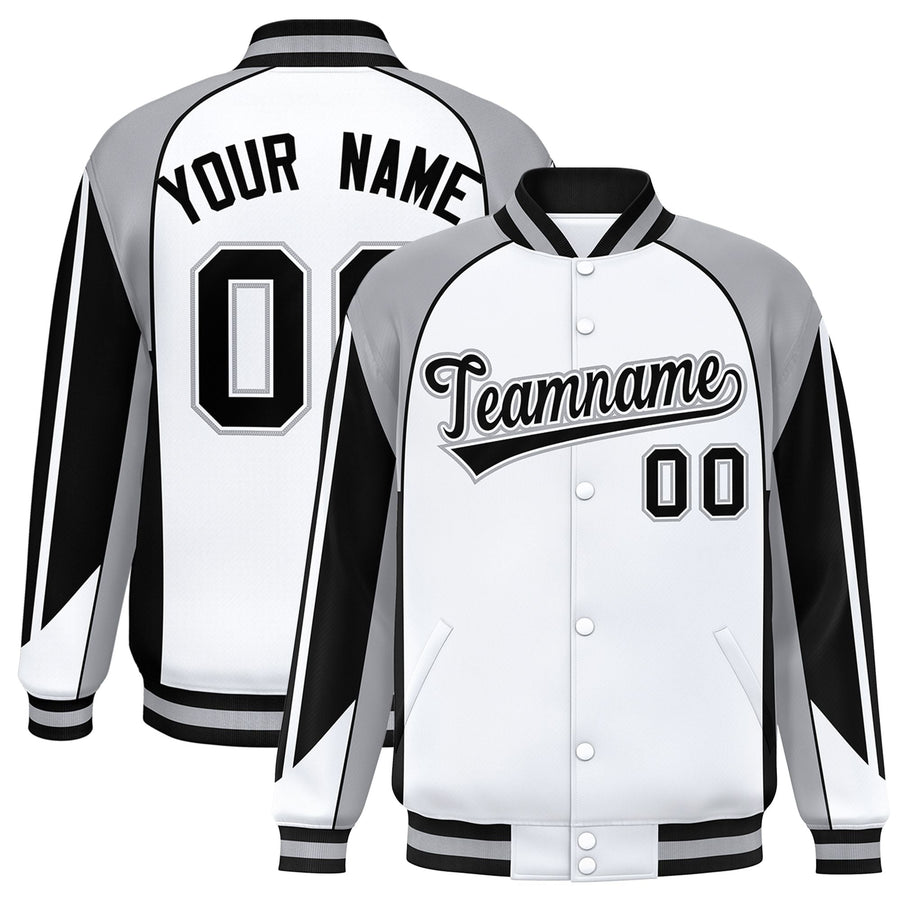 Custom White Gray Varsity Full-Snap Personalized Raglan Sleeves Color Block Letterman Jacket | BuyFootballJersey