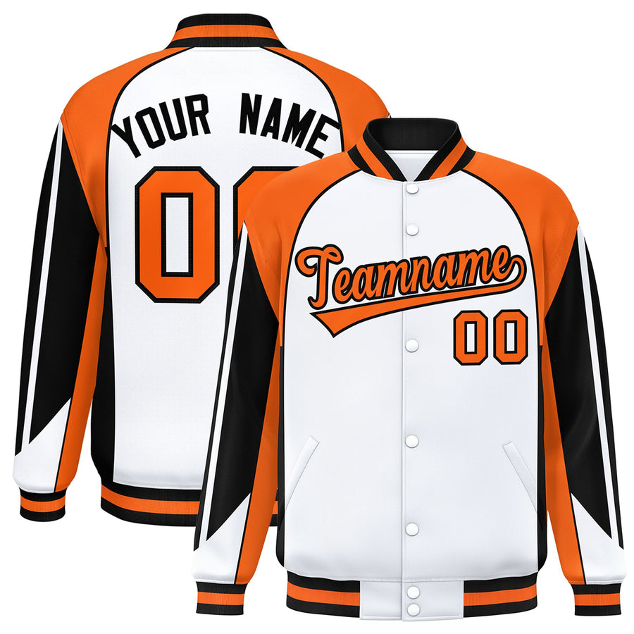 Custom White Orange Varsity Full-Snap Personalized Raglan Sleeves Color Block Letterman Jacket | BuyFootballJersey