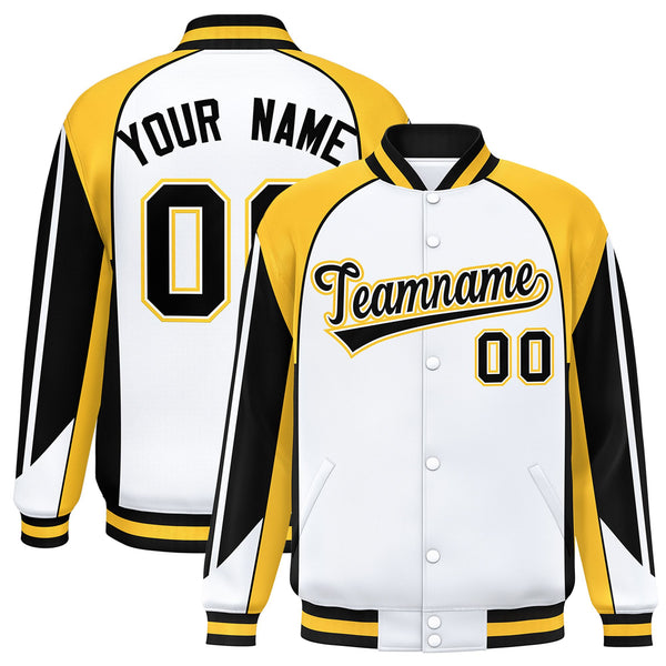 Custom White Gold Varsity Full-Snap Personalized Raglan Sleeves Color Block Letterman Jacket | BuyFootballJersey