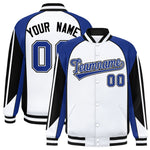 Custom White Royal Varsity Full-Snap Personalized Raglan Sleeves Color Block Letterman Jacket | BuyFootballJersey