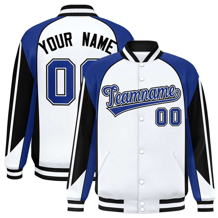 Custom White Royal Varsity Full-Snap Personalized Raglan Sleeves Color Block Letterman Jacket | BuyFootballJersey