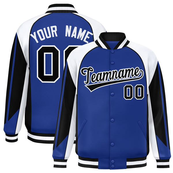 Custom Royal White Varsity Full-Snap Personalized Raglan Sleeves Color Block Letterman Jacket | BuyFootballJersey