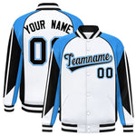 Custom White Powder Blue Varsity Full-Snap Personalized Raglan Sleeves Color Block Letterman Jacket | BuyFootballJersey