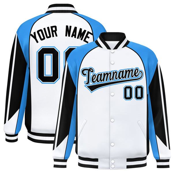 Custom White Powder Blue Varsity Full-Snap Personalized Raglan Sleeves Color Block Letterman Jacket | BuyFootballJersey