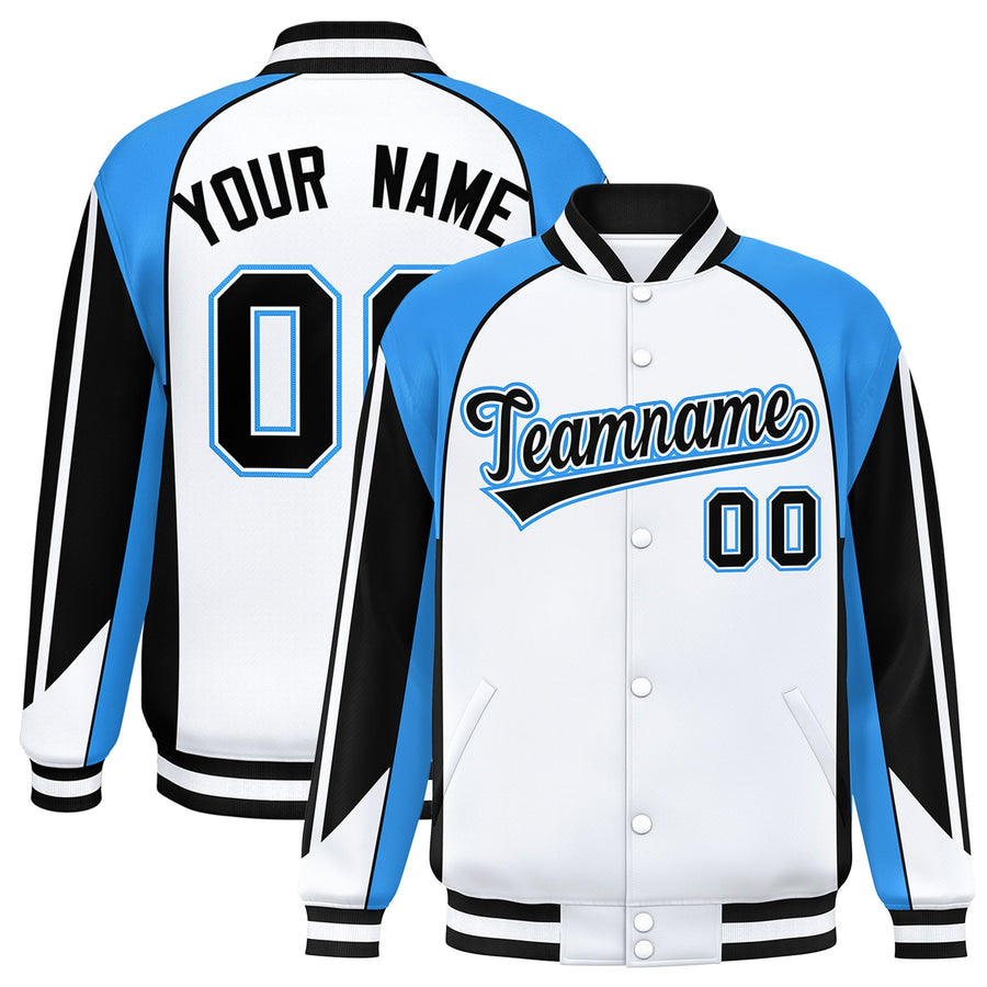 Custom White Powder Blue Varsity Full-Snap Personalized Raglan Sleeves Color Block Letterman Jacket | BuyFootballJersey