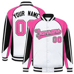 Custom White Pink Varsity Full-Snap Personalized Raglan Sleeves Color Block Letterman Jacket | BuyFootballJersey