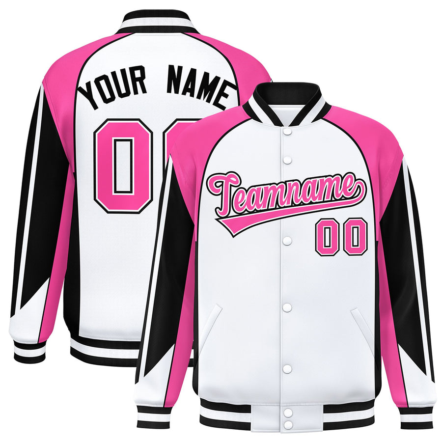 Custom White Pink Varsity Full-Snap Personalized Raglan Sleeves Color Block Letterman Jacket | BuyFootballJersey