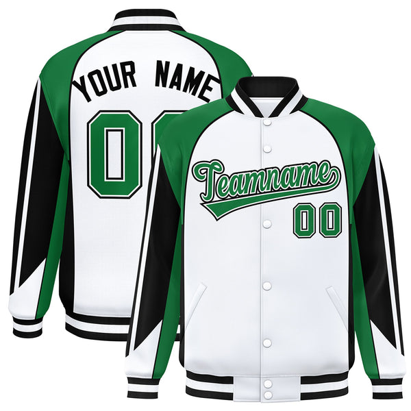 Custom White Kelly Green Varsity Full-Snap Personalized Raglan Sleeves Color Block Letterman Jacket | BuyFootballJersey