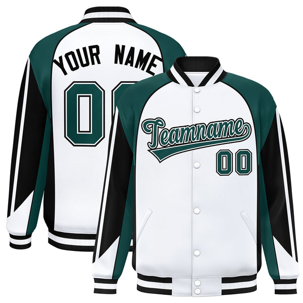 Custom White Midnight Green Varsity Full-Snap Personalized Raglan Sleeves Color Block Letterman Jacket | BuyFootballJersey