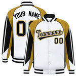 Custom White Old Gold Varsity Full-Snap Personalized Raglan Sleeves Color Block Letterman Jacket | BuyFootballJersey