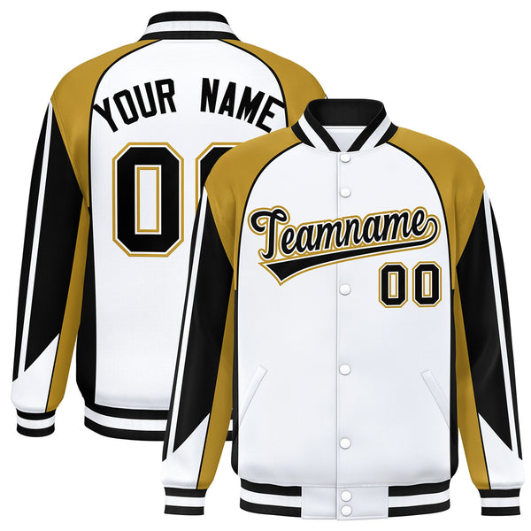 Custom White Old Gold Varsity Full-Snap Personalized Raglan Sleeves Color Block Letterman Jacket | BuyFootballJersey