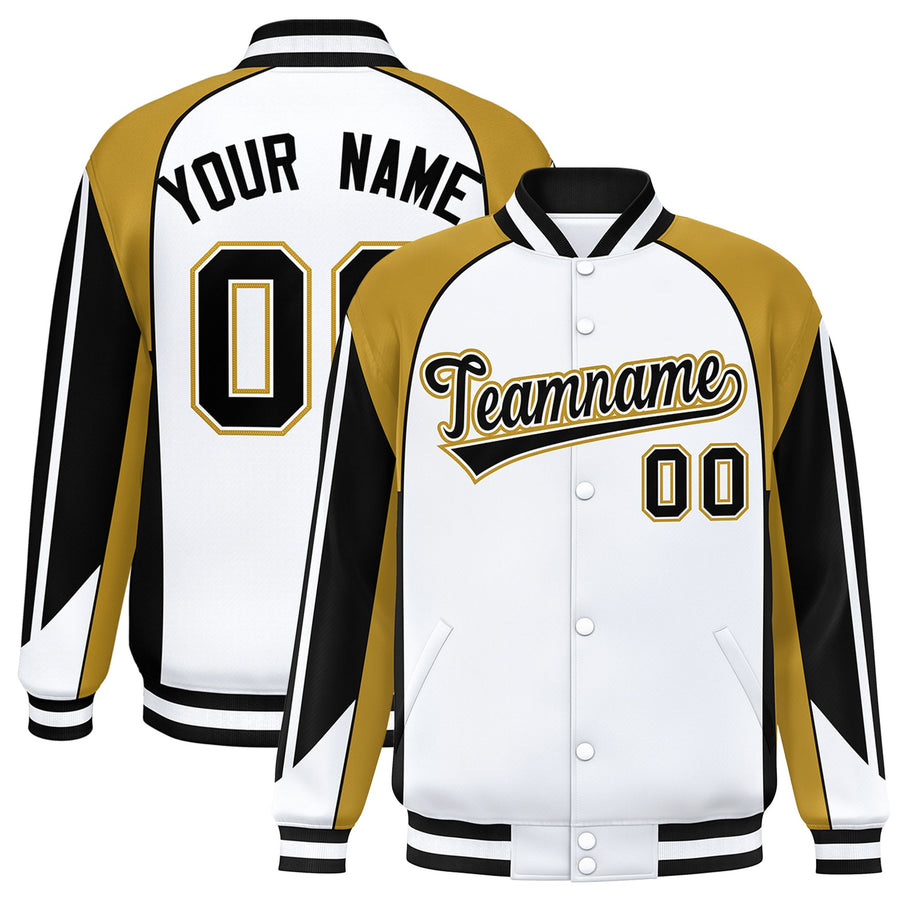 Custom White Old Gold Varsity Full-Snap Personalized Raglan Sleeves Color Block Letterman Jacket | BuyFootballJersey