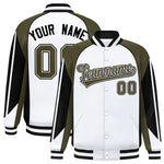 Custom White Olive Varsity Full-Snap Personalized Raglan Sleeves Color Block Letterman Jacket | BuyFootballJersey