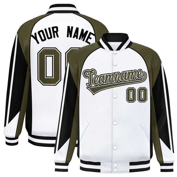 Custom White Olive Varsity Full-Snap Personalized Raglan Sleeves Color Block Letterman Jacket | BuyFootballJersey